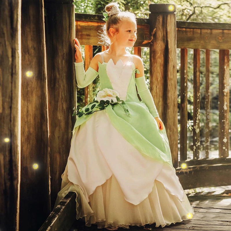O traje de princesa do sapo para crianças meninas tiana filme cosplay carnaval vestido de princesa role vestidos
