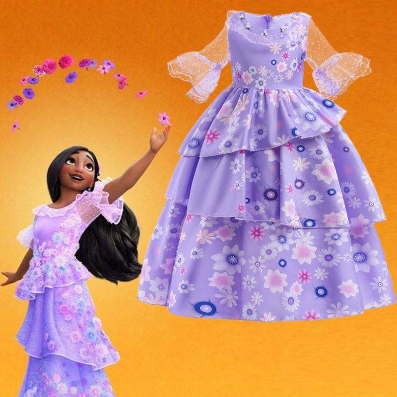 Hot Sale Kids Encanto Filme Isabella cosplay Purple Floral Girls Silk Maxi Long Dress