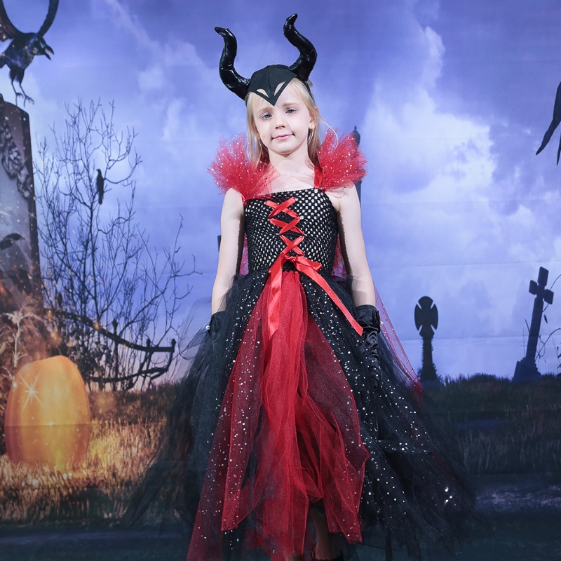 Amazon Hot Selling Kids Girls Deluxe Halloween Vampire Fantaspume Fada Princesa Evil Tutu Dress Horns